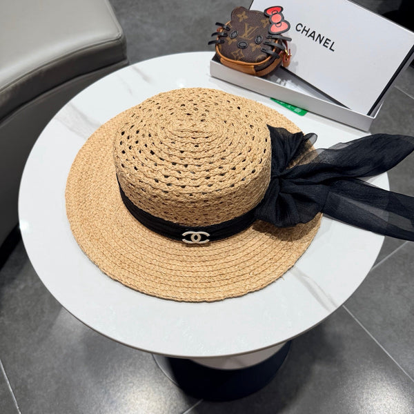 Chapeau de paille Chanel Beige Jaune Noir en Raffia 192106