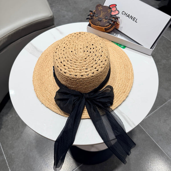 Chapeau de paille Chanel Beige Jaune Noir en Raffia 192106