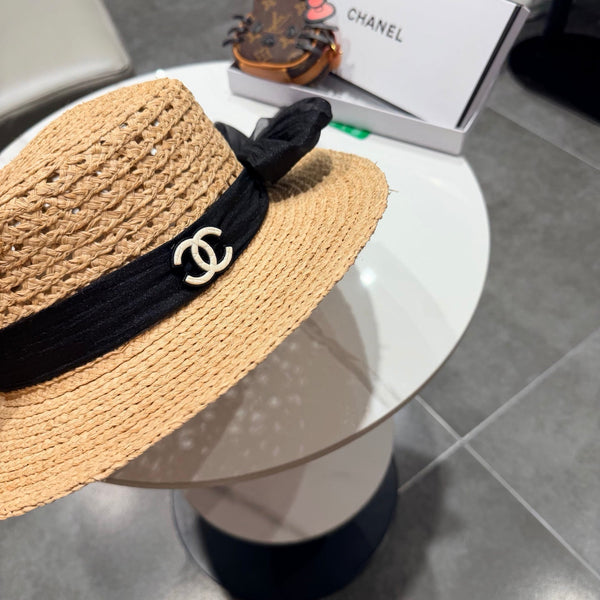 Chapeau de paille Chanel Beige Jaune Noir en Raffia 192106
