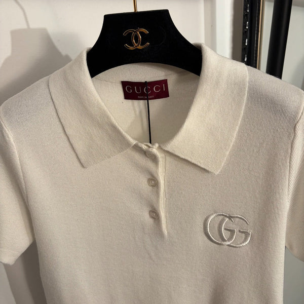 GG Embroidered Half-Button Collar Short-Sleeve Wool