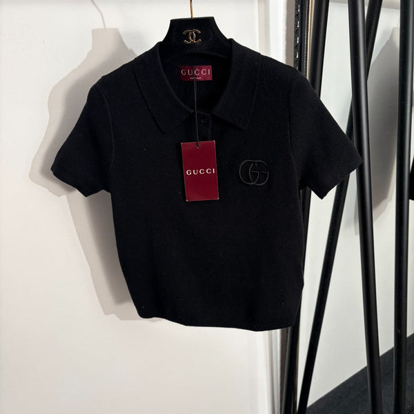 GG Embroidered Half-Button Collar Short-Sleeve Wool