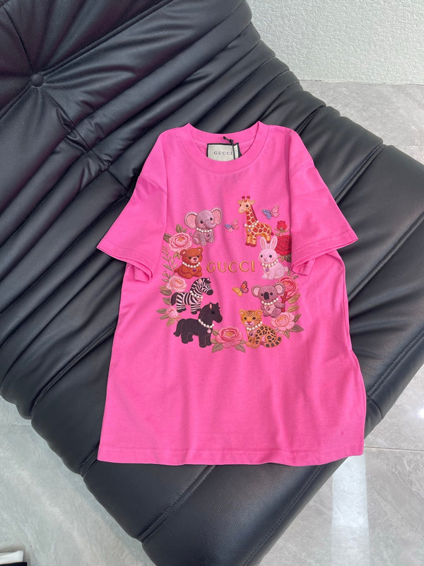 GG Duty Digital Print Animal Beaded Short-Sleeve T-Shirt in Cotton 154107