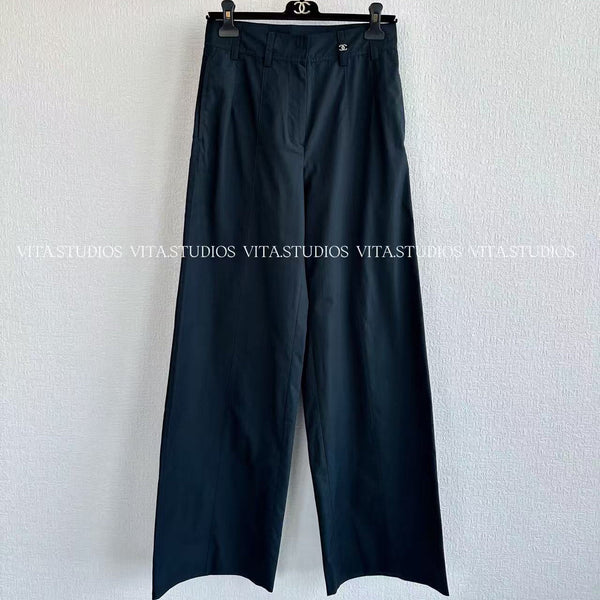 Pantalon large taille haute Chanel 2026 bleu marine en coton 162156