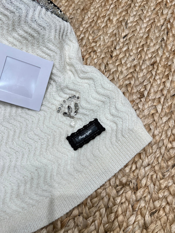 Chanel 26SS Caraco blanc orné de strass en maille texturée 161793