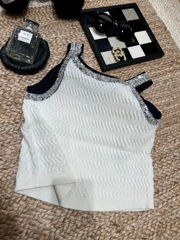 Chanel 26SS Caraco blanc orné de strass en maille texturée 161793