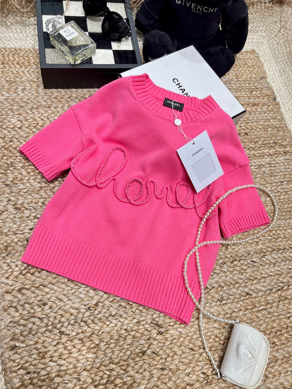 Chanel 26SS Top en maille à manches courtes rose en coton 161789