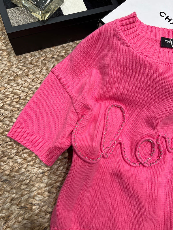 Chanel 26SS Top en maille à manches courtes rose en coton 161789