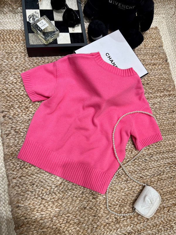 Chanel 26SS Top en maille à manches courtes rose en coton 161789