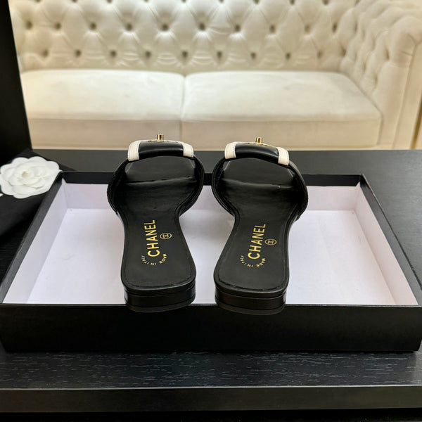Chanel 26C Double C Buckle Square Toe Slippers Black White in Lambskin 673027
