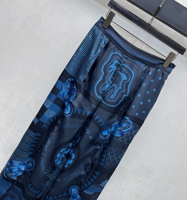 Pantalon droit imprimé Hermès 26 bleu en soie de mûrier 137393