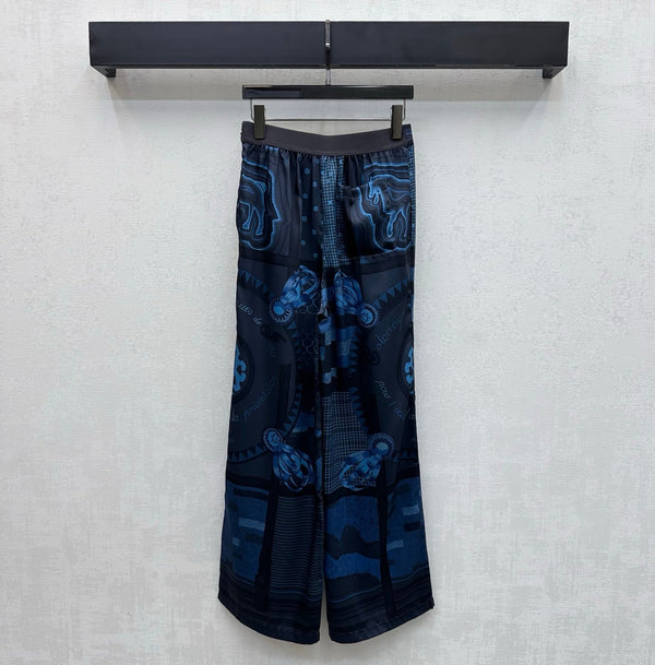Pantalon droit imprimé Hermès 26 bleu en soie de mûrier 137393