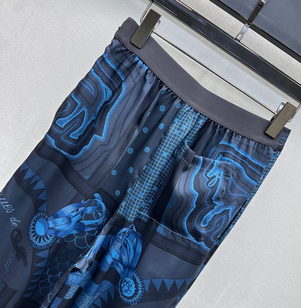 Pantalon droit imprimé Hermès 26 bleu en soie de mûrier 137393
