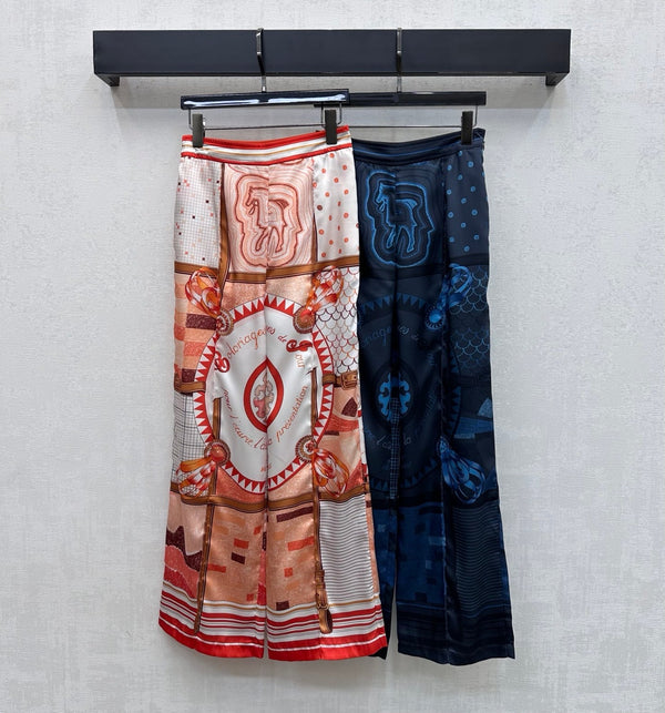 Pantalon droit imprimé Hermès 26 bleu en soie de mûrier 137393