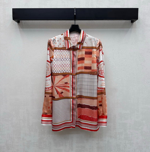 Hermes 26 Printed Long-Sleeve Shirt Orange in Mulberry Silk 137390