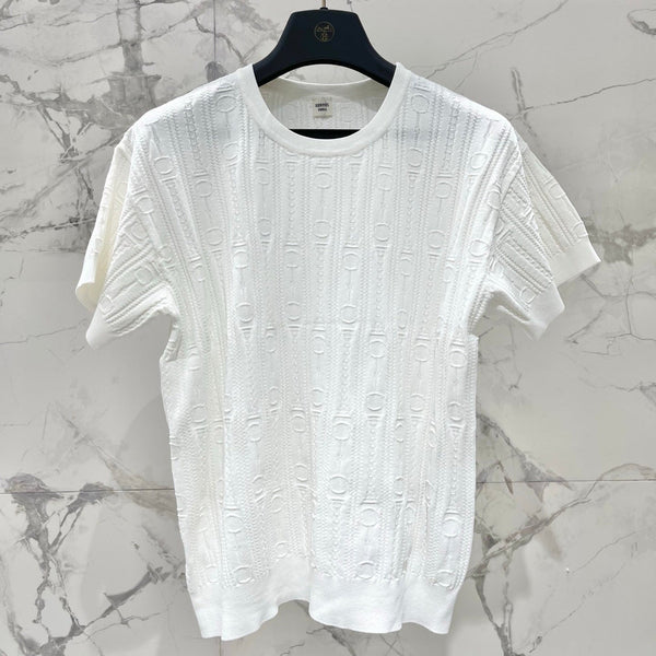 T-shirt Hermès en maille imprimée à manches courtes, blanc, en soie Hyperbolic 122649
