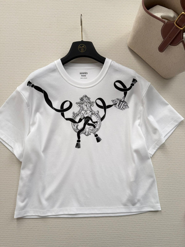 T-Shirt Hermès 26 rubans motif badge manches courtes blanc en coton 888720