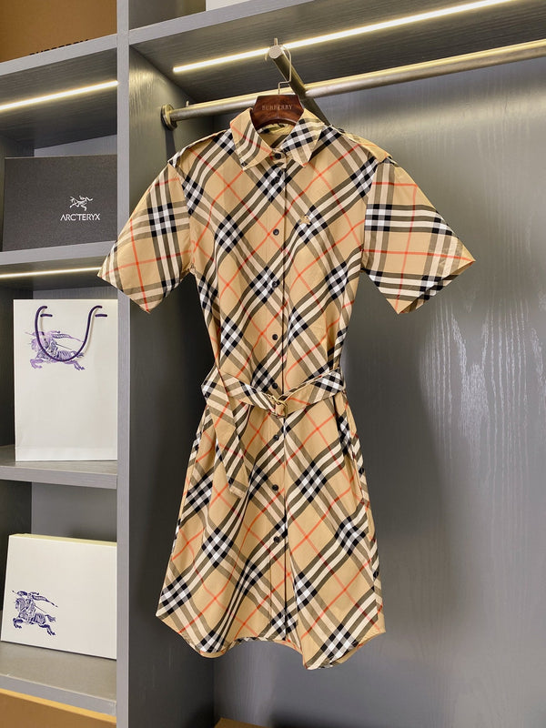 Burberry Short-sleeved Shirt Dress Beige Yellow in Twill Cotton 169205