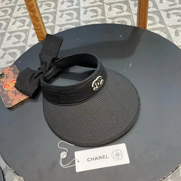 Chanel Bow Organza Open Visor Black Straw Hat 197911