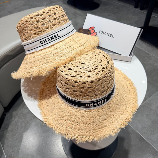 Chanel Chapeau de paille Beige Noir en Raffia 197755
