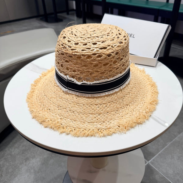 Chanel Chapeau de paille Beige Noir en Raffia 197755