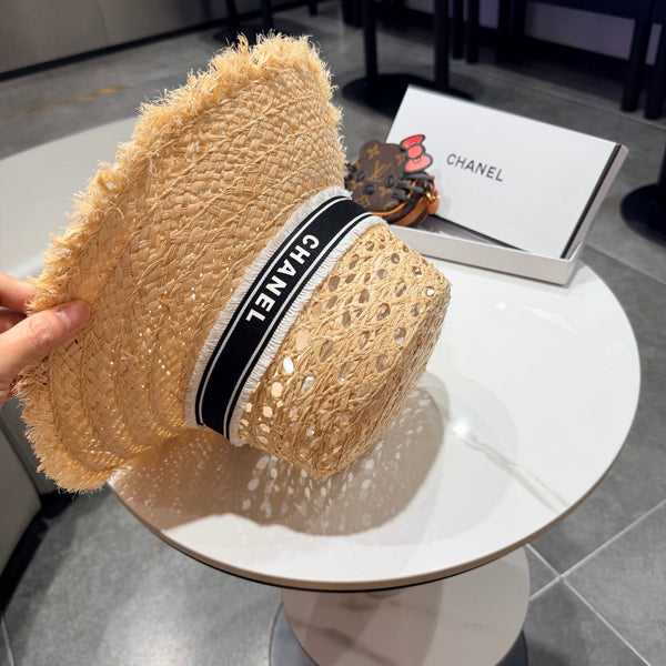 Chanel Chapeau de paille Beige Noir en Raffia 197755