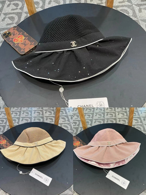 Chanel Wide-brimmed Bow Sun Hat Beige in Fabric Patchwork Mesh 197785