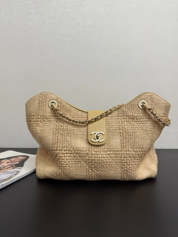 CC 26S Tote Bag in Beige Braided Raffia Gold Hardware (made - to - order)