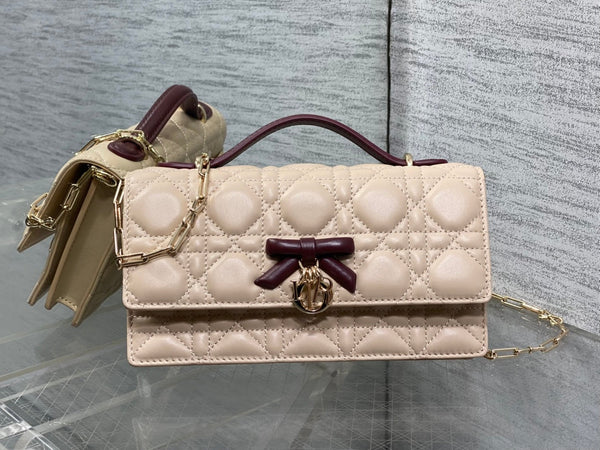 Dior 26 Bow Pearl Chain Clutch Two Tone Beige Burgundy Lambskin GHW