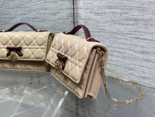 Dior 26 Bow Pearl Chain Clutch Two Tone Beige Burgundy Lambskin GHW
