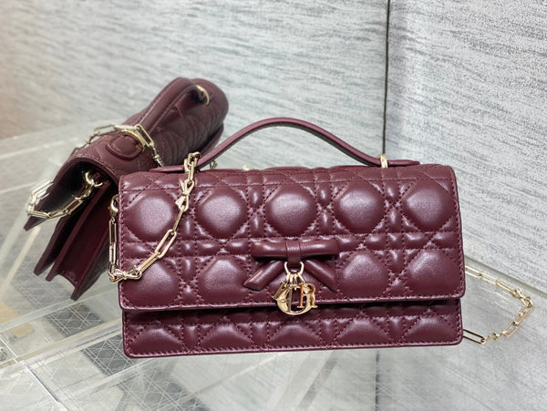 Dior 26 Bow Pearl Chain Clutch Burgundy Lambskin GHW