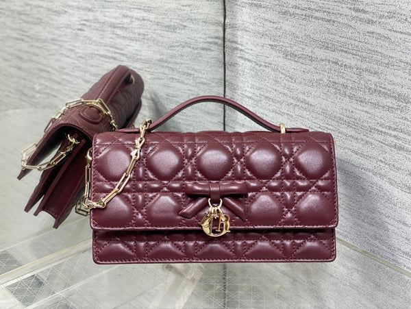 Dior 26 Bow Pearl Chain Clutch Burgundy Lambskin GHW