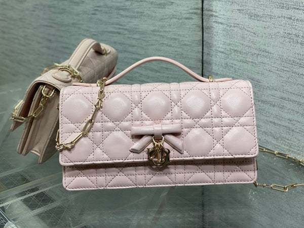 Dior Pochette 26 Bow Pearl Chain Agneau Rose GHW