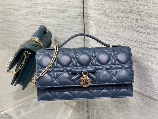 Dior 26 Bow Pearl Chain Clutch Navy Blue Lambskin GHW