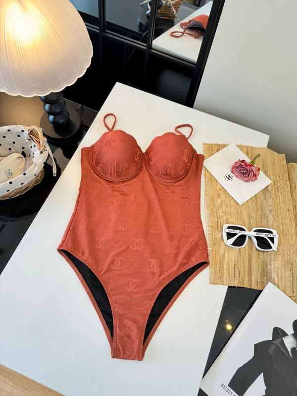 Maillot de bain Chanel une pièce rouge brique en coton 201804