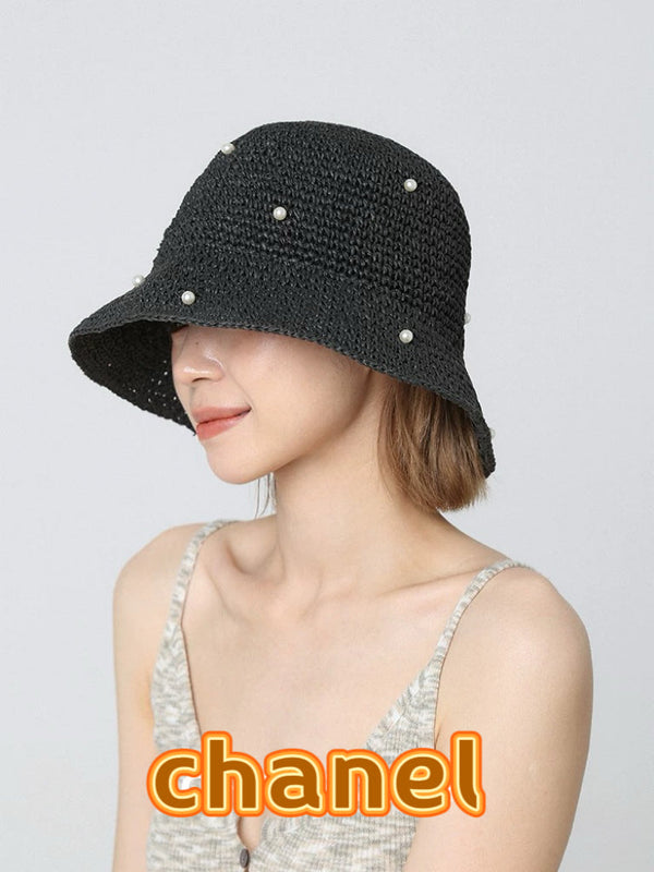 Chanel vintage Chapeau Ornements perles Noir en Paille 201641
