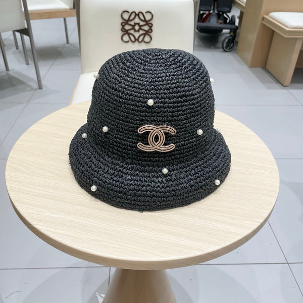 Chanel vintage Chapeau Ornements perles Noir en Paille 201641