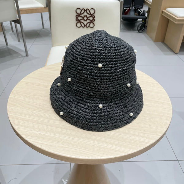 Chanel vintage Chapeau Ornements perles Noir en Paille 201641