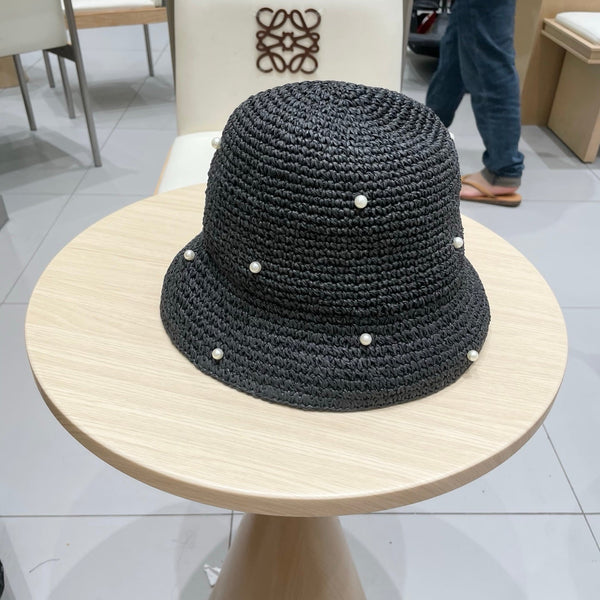 Chanel vintage Chapeau Ornements perles Noir en Paille 201641