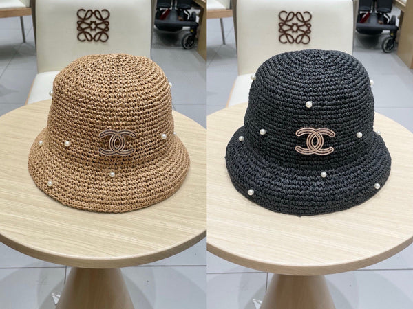 Chanel vintage Chapeau Ornements perles Noir en Paille 201641