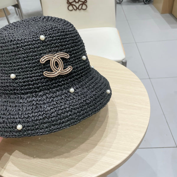 Chanel vintage Chapeau Ornements perles Noir en Paille 201641