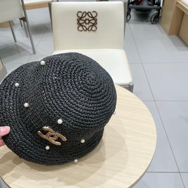 Chanel vintage Chapeau Ornements perles Noir en Paille 201641