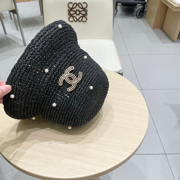 Chanel vintage Chapeau Ornements perles Noir en Paille 201641