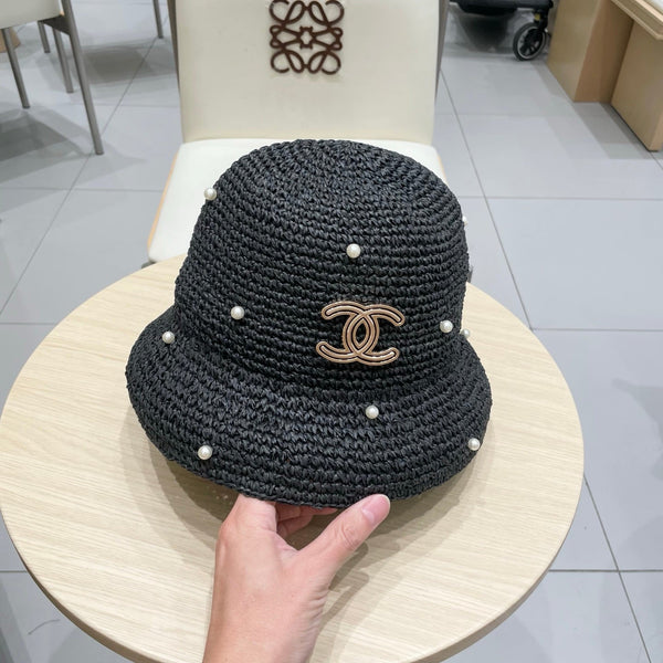 Chanel vintage Chapeau Ornements perles Noir en Paille 201641