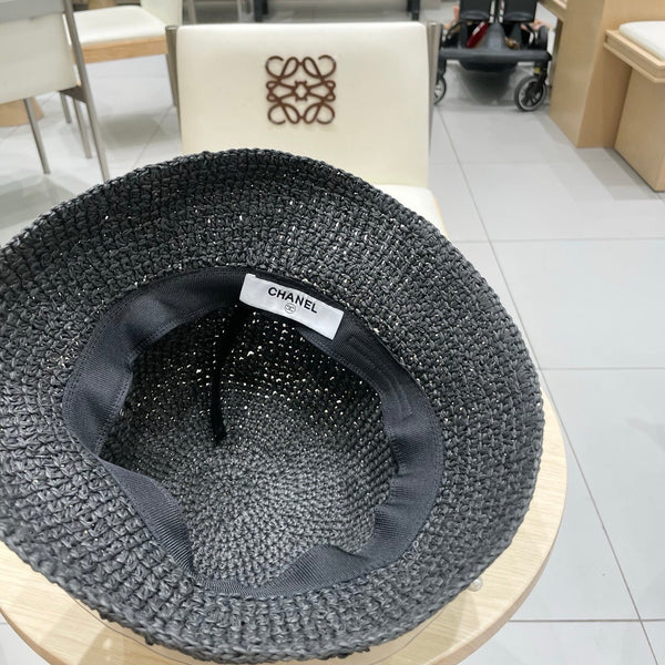 Chanel vintage Chapeau Ornements perles Noir en Paille 201641