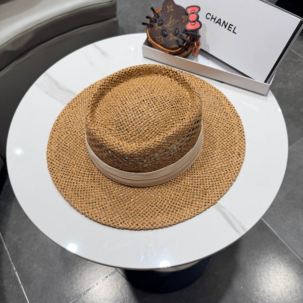 Chanel Chapeau Plat Camel Blanc en Paille 201564