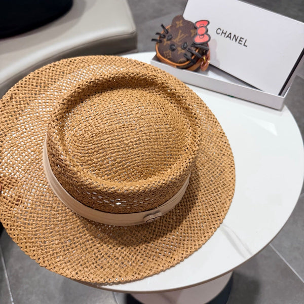 Chanel Chapeau Plat Camel Blanc en Paille 201564