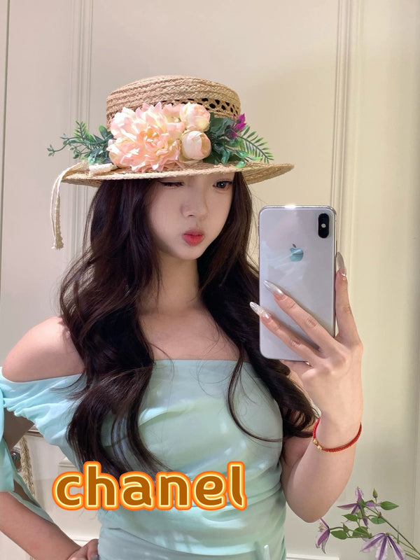 Chanel Chapeau de paille beige et rose, ajouré floral 3D, style français 201518