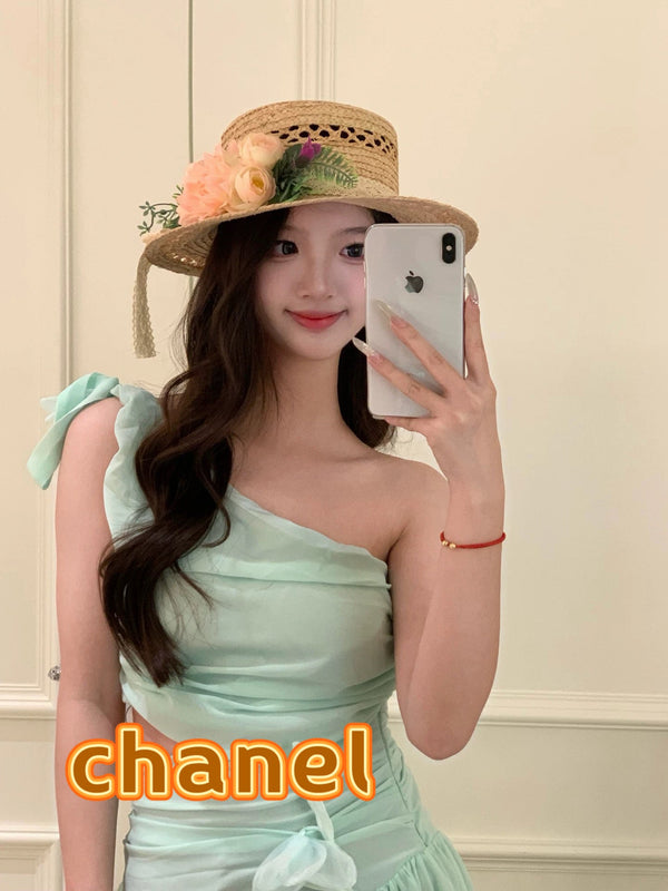 Chanel Chapeau de paille beige et rose, ajouré floral 3D, style français 201518