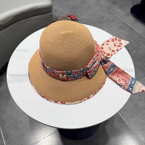 Chapeau Chanel à nœud ruban Camel en paille 205601