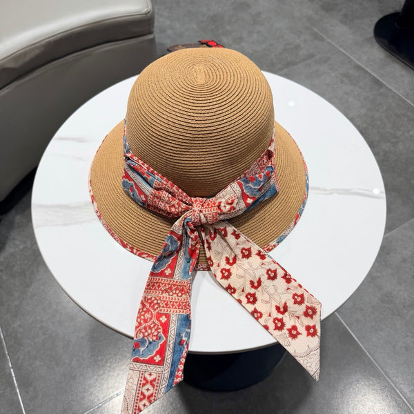 Chapeau Chanel à nœud ruban Camel en paille 205601